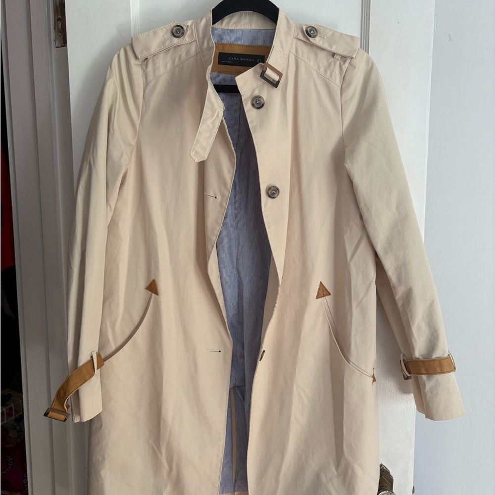 Zara Women's Cream Trench Coat with Brown Details
